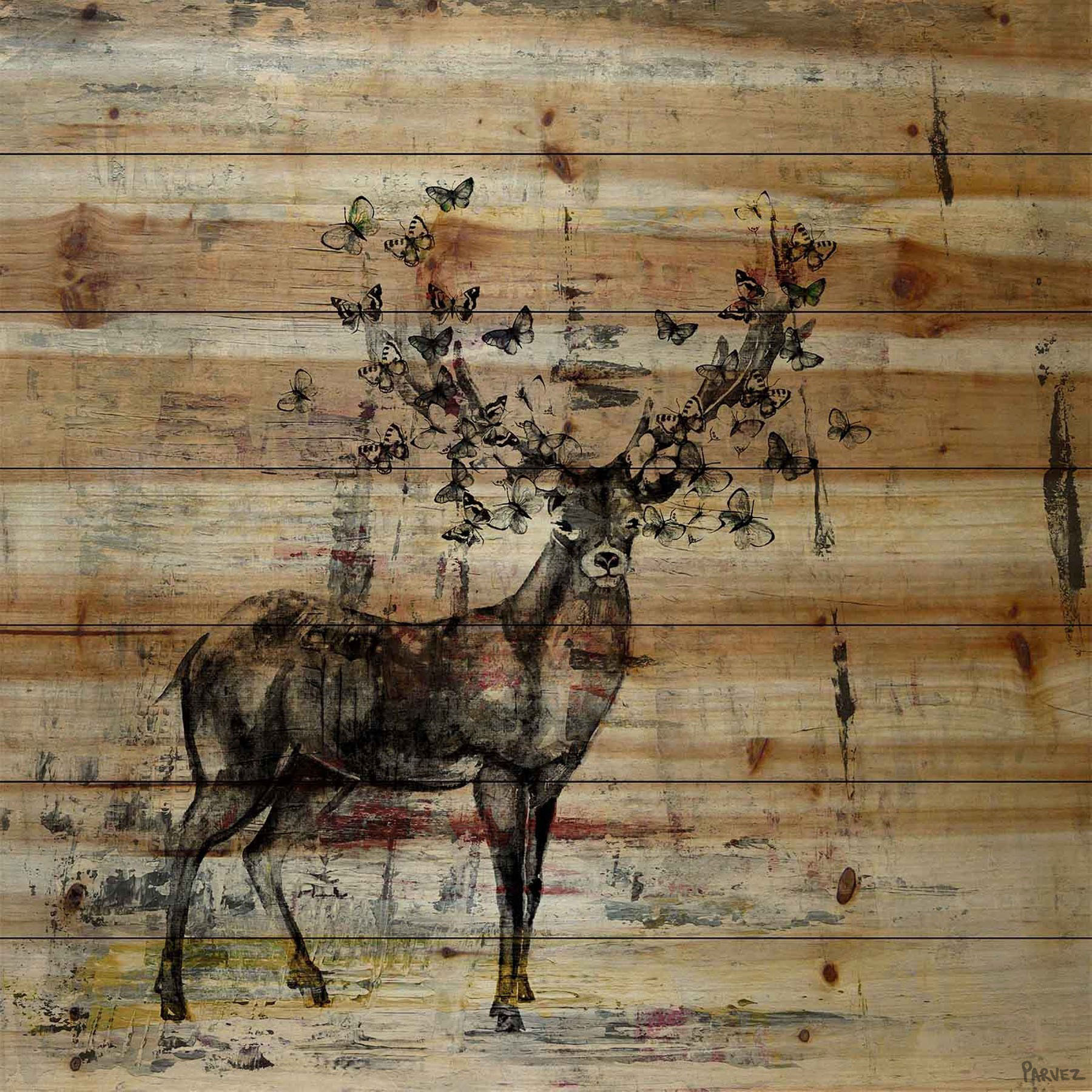 "Butterfly Antlers" Painting Print on Natural Pine Wood