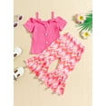 thumbnail image 3 of Aojekbee Kids Girl Summer Outfits Cold Shoulder Short Sleeves Button T-Shirt and Elastic Floral Flare Pants Cute 2 Piece Clothes, 3 of 10