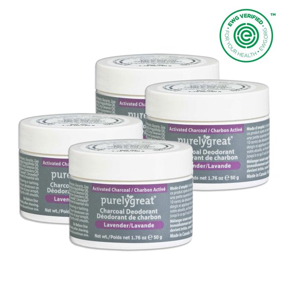 4 Pack - Purelygreat Natural Deodorant Cream - Charcoal Lavender 50g Aluminum Free Vegan, Made in Canada
