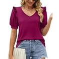 thumbnail image 2 of Burgundy Stretchy Casual Top with Frill Trim & Curved Hem for Women, Size XXL V-Neck Puff Sleeve Blouse Rawiri, 2 of 6