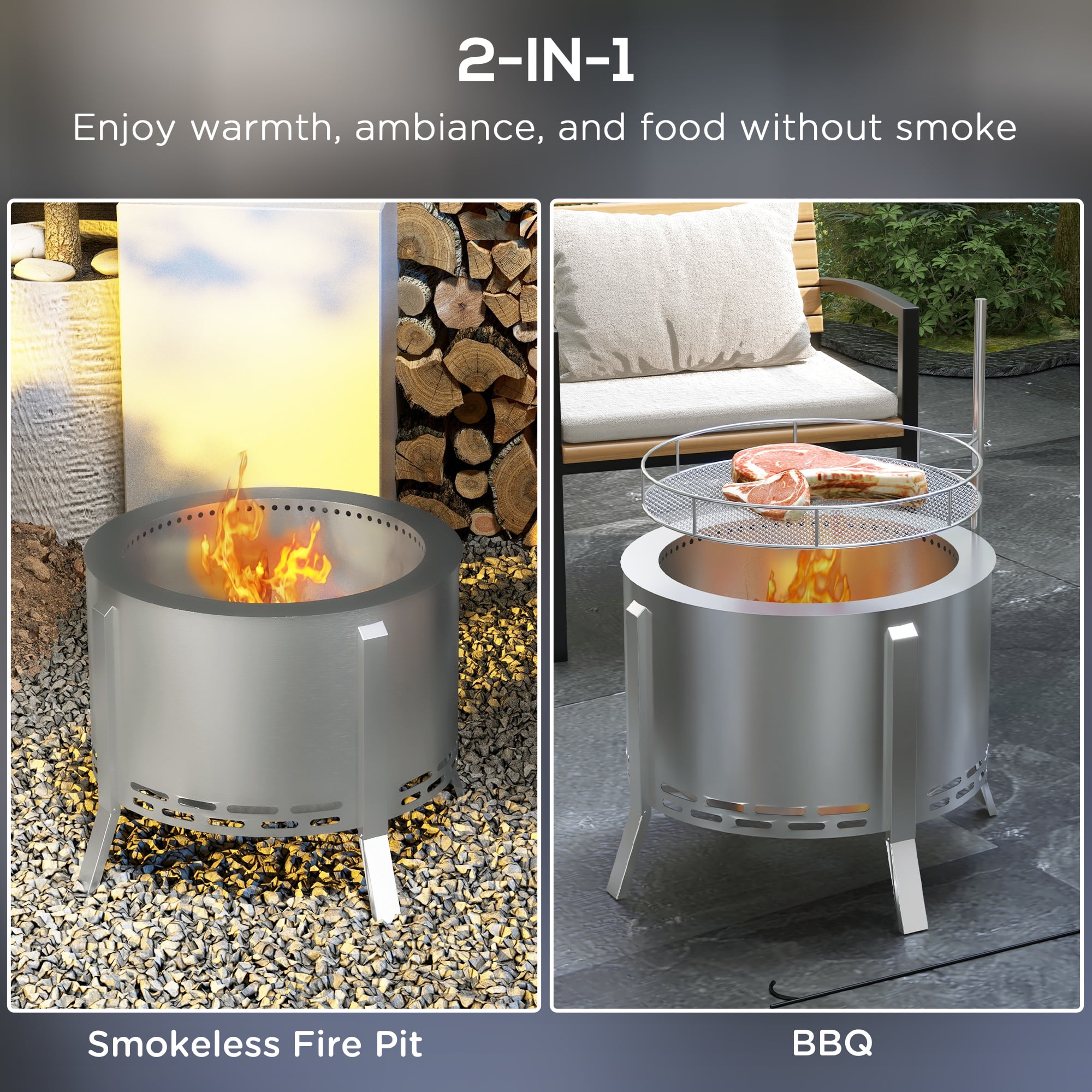 Aimee Lii 19" Portable Wood Burning Firepit with Cooking Grate and Poker, 2-in-1 Smokeless Fire Pit BBQ Grill, Low Smoke Camping Bonfire Stove for Backyard Patio Picnic, Silver