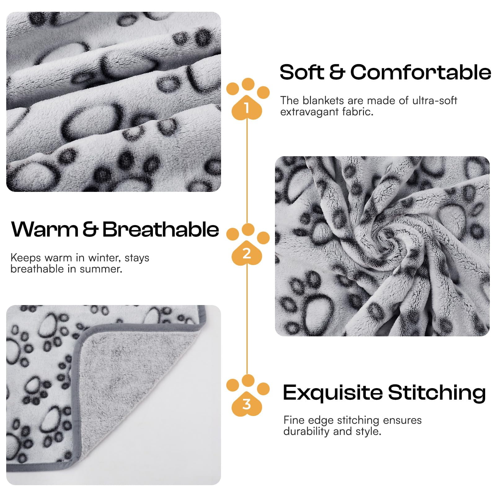 BLRTUN 3 Pack Blankets Fluffy Premium Fleece Pet Blanket Flannel Paw Printed Throw for Dog Cat Grey Paw