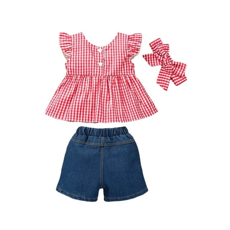 

Toddler Girl’s Print Fly Sleeve Tops and Patchwork Denim Shorts with Headband
