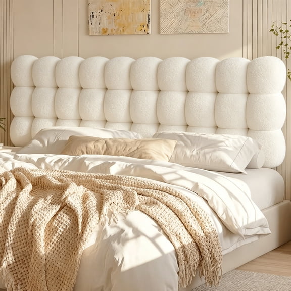 Pinmoco King Size Upholstered Headboard with Adjustable Height, Memory Foam Cloud-Shaped Ergonomic Design, Teddy Fleece Beige