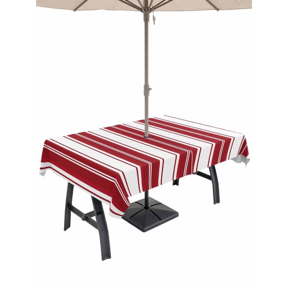 Outdoor Tablecloth with Umbrella Hole for Patio/Picnic/Party/Camping, Red Striped Waterproof Table Cloth Rectangle Table Cover Washable, Modern Thin Line Vertical Stripes (54"x 80")