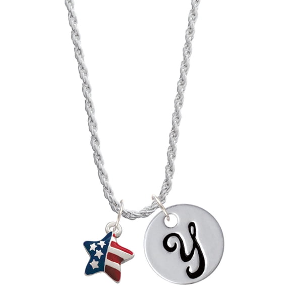 Delight Jewelry Silvertone Mini USA Patriotic Star Silvertone Script Initial Disc - Y - Charm Necklace, 20"+3"