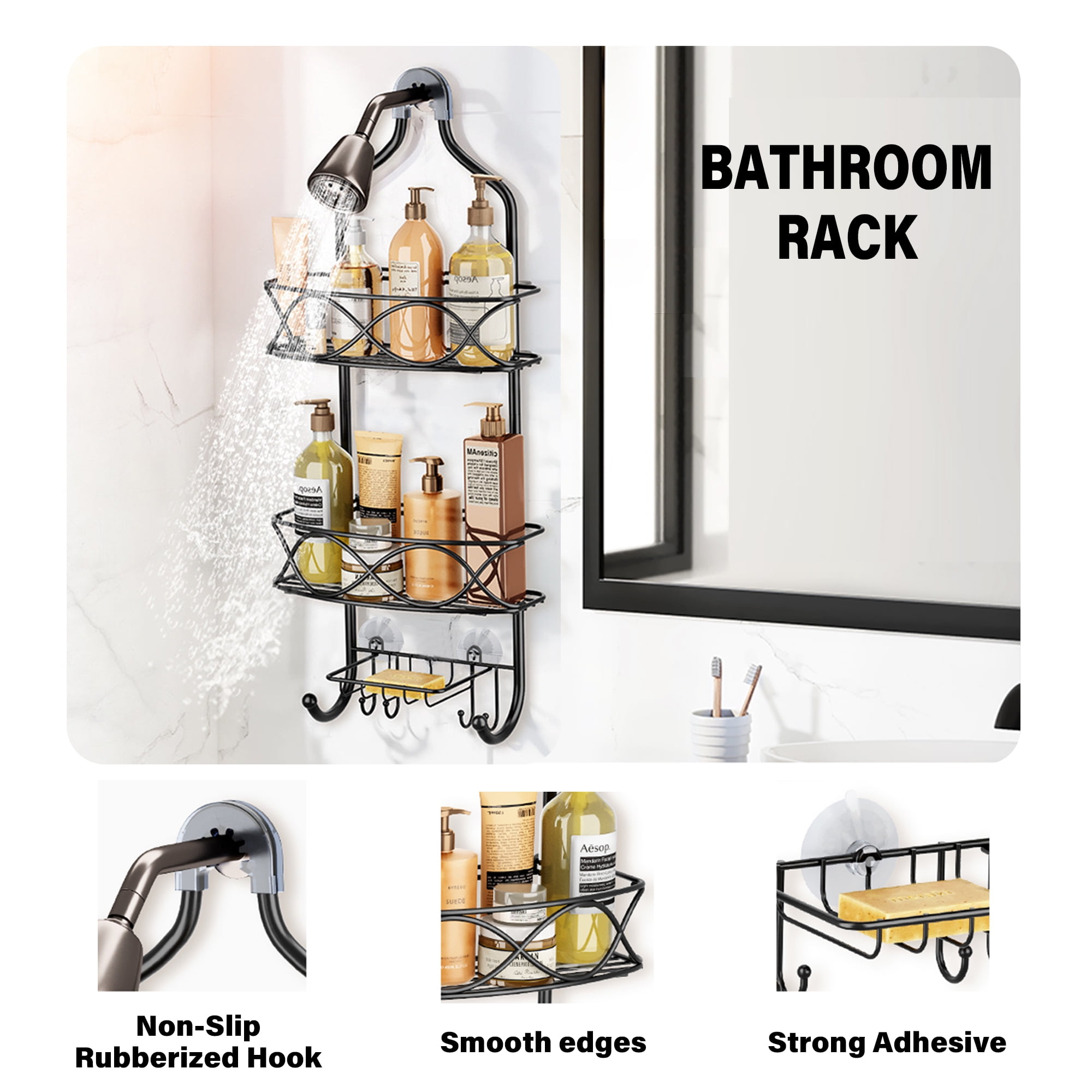 Junjian Hanging Shower Caddy, Simple Design Anti-Swing Shower Organizer, Stainless Steel Shower Shelves, over the Shower Head Bathroom Storage (Matte Black)