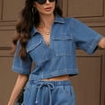 thumbnail image 4 of ClodeEU Women's Collared V Neck Denim Crop Tops,Cropped Button Down Denim Shirt,Casual Short Sleeve Jean Tops with Pockets Blue,Womens Plus M, 4 of 8