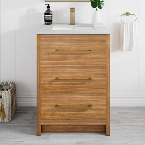 Eviva Curio 24"W x 18"D Walnut Bathroom Vanity with White Carrara Quartz Countertop and Undermount Porcelain Sink