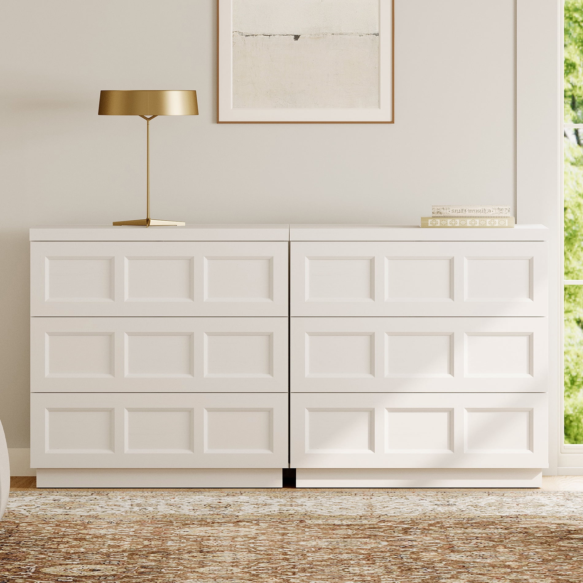 HOMOOI 6-Drawer TV Stand for 40-70" TV, Boho 2 in 1 Thickened Wood Media Console With Smooth Silent Gliding Drawers, Anti-Wobble Stable Entertainment Center for Living Room,White