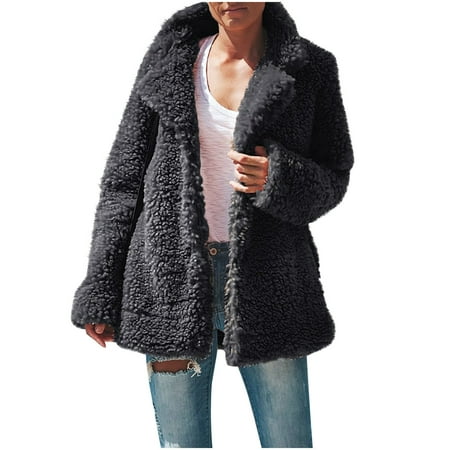 

Women Faux Fur Long Sleeve Coats Open Front Lapel Solid Warm Jackets Sherpa Plush Bear Cardigans