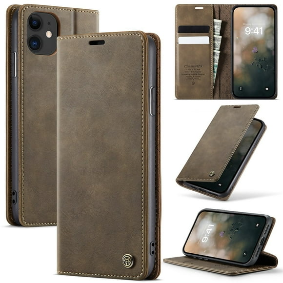CaseMe Calf Leather Lining Microfibre Wallet Case For iPhone 11 6.1-inch with RFID Blocking,Magnetic Closure,Card Slots,Cash Slot,Kickstand,Shockproof Flip Folio Protective Phone Case,Brown