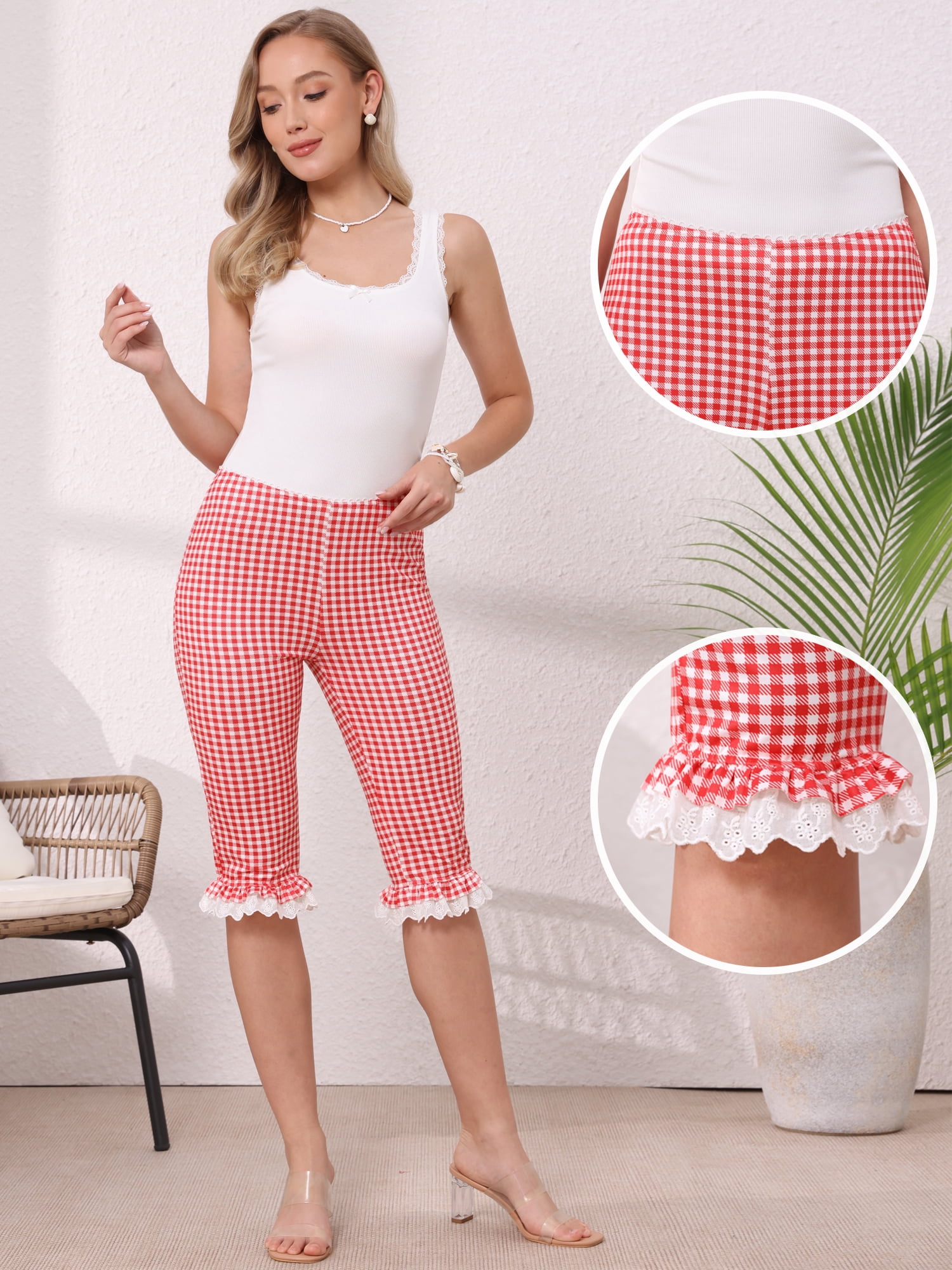 DARING DIVA Women's Low Waist 3/4 Knee Length Cropped Capri Leggings Large Red