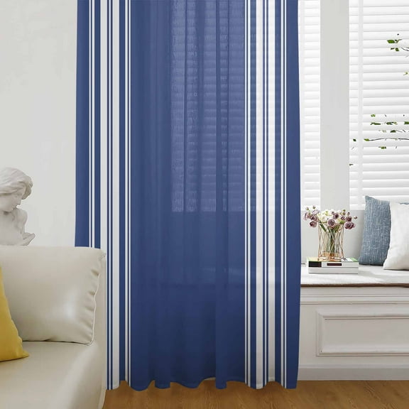Blue Striped Semi Sheer Curtains Drapes for Living Room, Bedroom, French Doors Window 84 Inches Long, Farmhouse Blue White Stripes Rod Pocket Chiffon Curtain Drapery Voile Draperies Panel