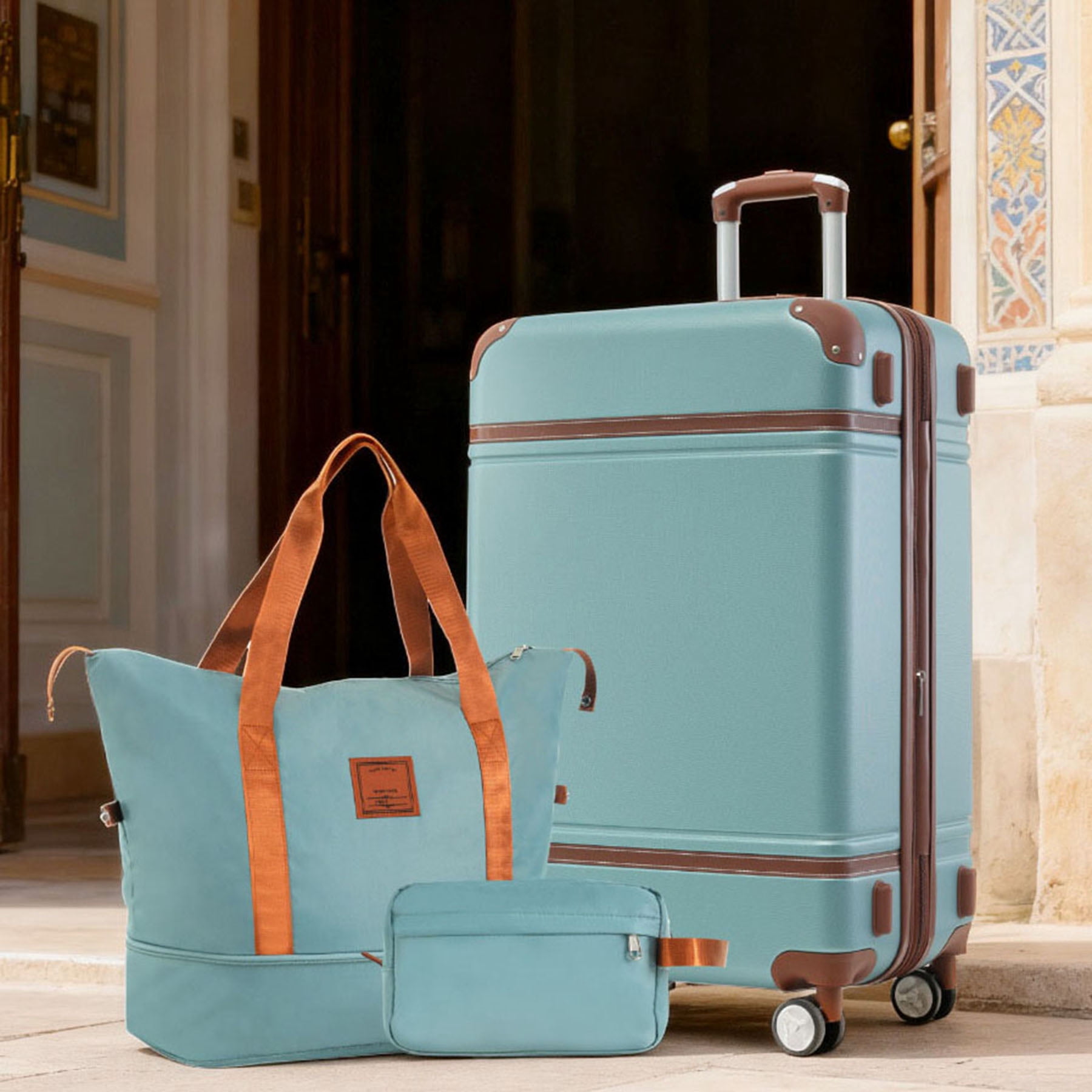 S-HOME Versatile  Hardshell Luggage Set in Vintage Design with 24 Inch Suitcase, Travel Duffel Bag and Toiletry Bag, TSA Lock and Spinner for All Journeys, Green