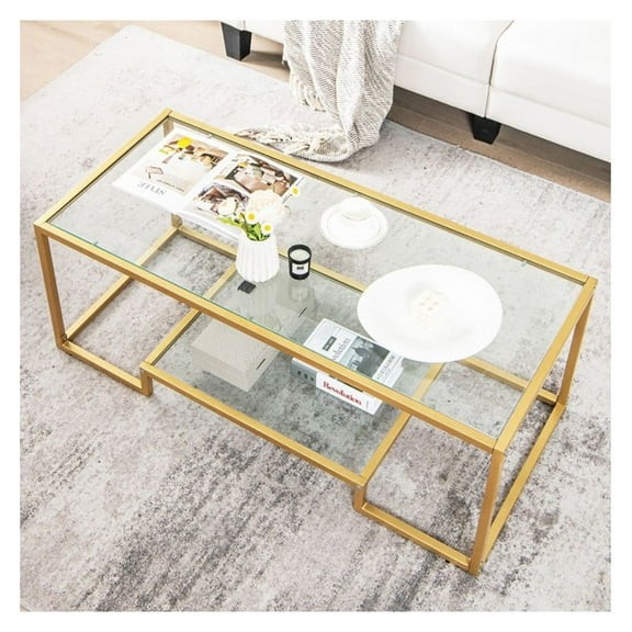 Coffee Table with Glass Top, 2-Tier Rectangular Living Room Table, Modern Center Table with Steel Frame, Easy Assembly, 45x20x17 Inch, Gold