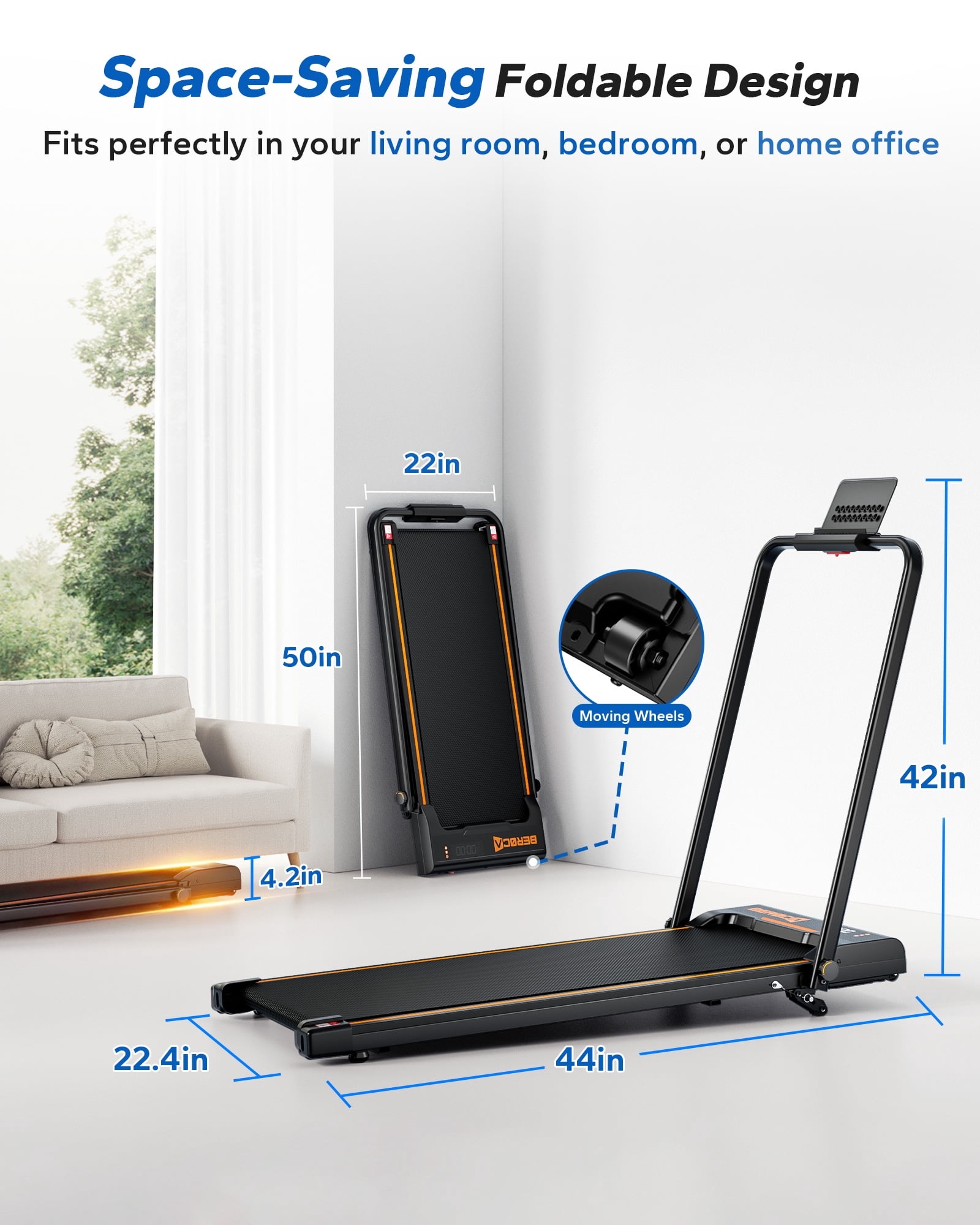 BEROCA Foldable Treadmill with Handle, 3HP Small Treadmill for Small Space Home Office, 300 lbs Under Desks Walk Pad with Handle Incline APP 3 Colors Lights