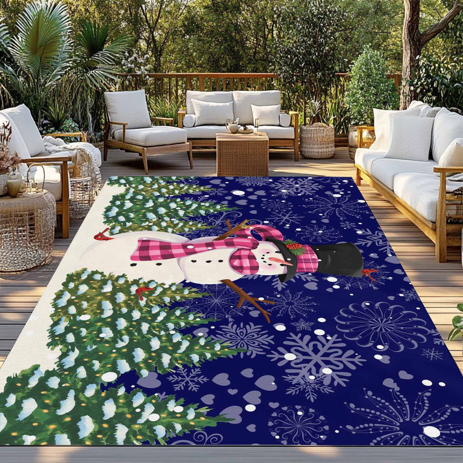 Fsddascl Navy Blue Snowman Christmas Outdoor Rug for Patio/Deck/Porch, Non-Slip Large Area Rug 4 x 6 Ft, Green Xmas Tree Snowflake Indoor Outdoor Rugs Washable Area Rugs, Camping Rug Carpet Runner