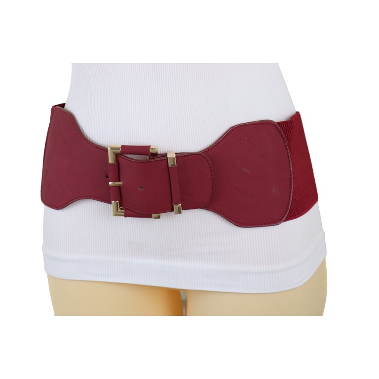 Women Dark Red Elastic Wide Belt Gold Metal Square Buckle 