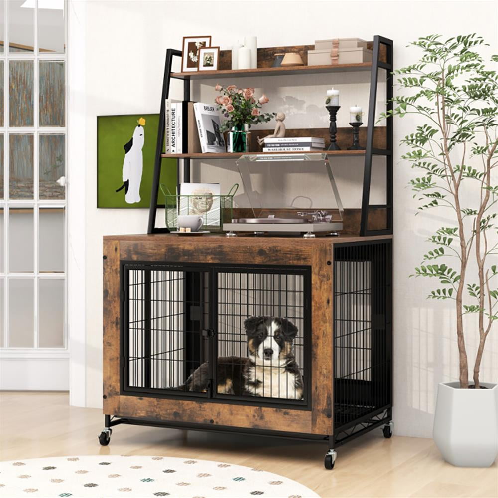 Barara King Dog House,Pet House,Industrial Dog Kennel Dog Crate Furniture with Storage Shelves-Rustic Brown