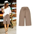 thumbnail image 4 of biudgviw Bermuda Shorts for Women High Waist Elastic Drawstring Knee-Length Straight Wide Leg Striped Long Shorts with Pocket, 4 of 7