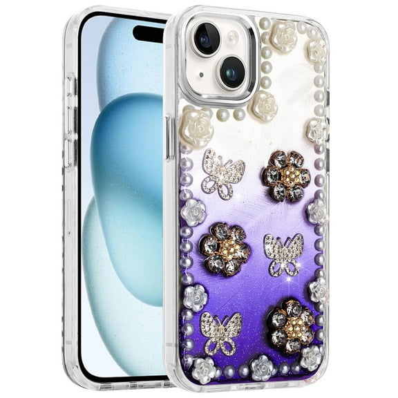 XPM for Apple iPhone 16 (6.1") Phone Case, Bling Fashion Design with 3D Pearls Epoxy Glitter Ornaments Chrome Edge Hard Slim PC Cover for iPhone 16 (Flowers Purple)
