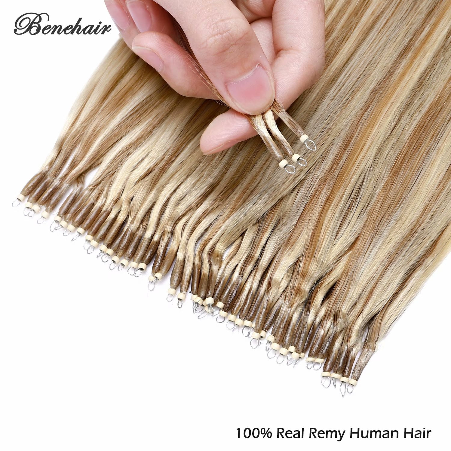 Benehair Human Hair Extensions Nano Ring I Tip Remy Hair Loop in Microlink Full Head Women Seamless Highlight Blonde 50g