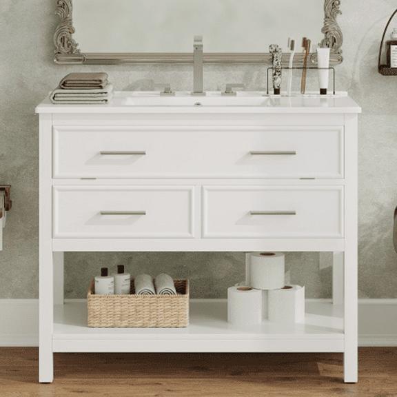 SDJPOI 36" Bathroom Vanity with Ceramic Sink, Tip-Out Tray, 2 Full-Extension Drawers, Silver Pulls & Soft-Close Drawer Slides, Open Bottom Shelf