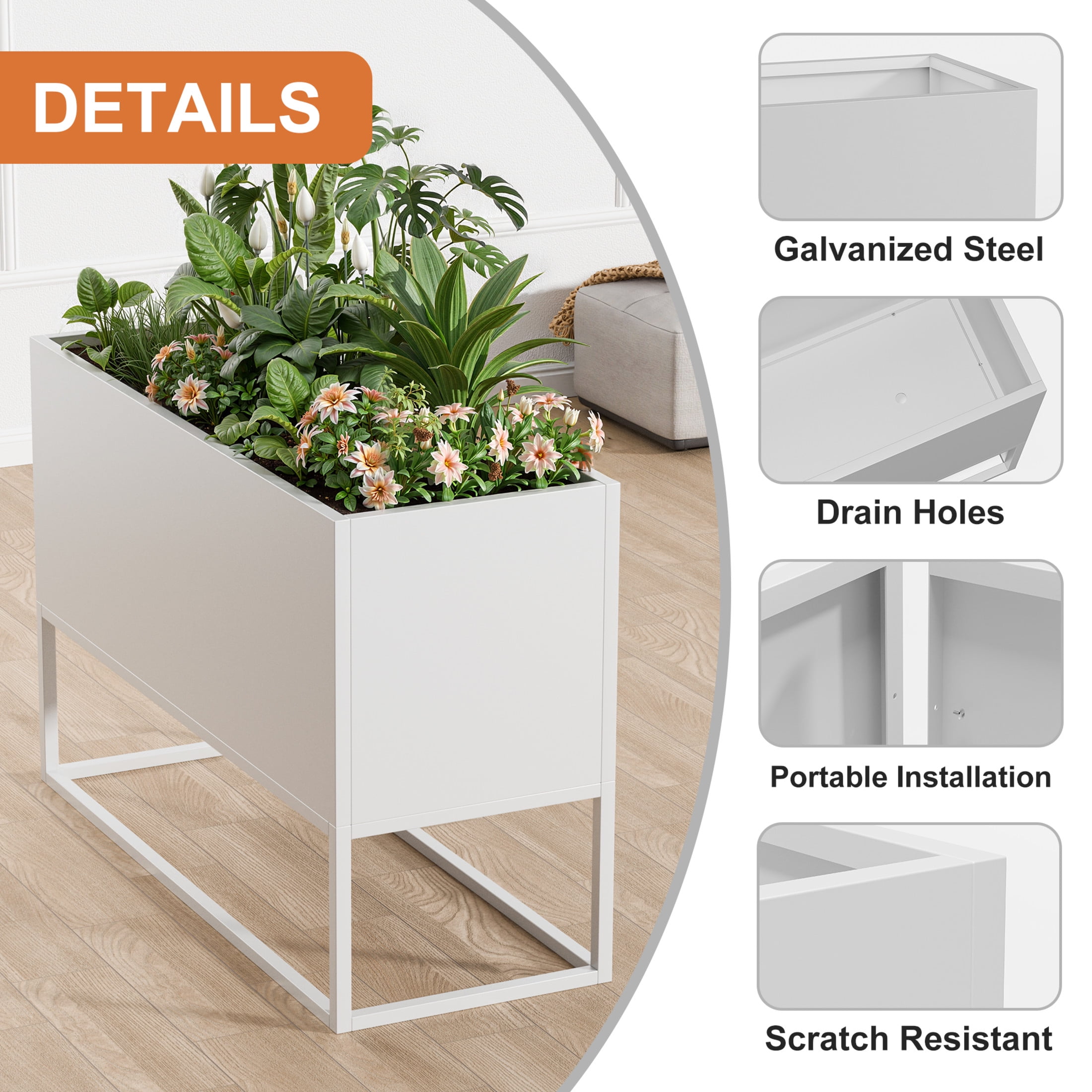 Noble House Minimalist 47“ Rectangular Planter, Raised Base, Drainage Holes, Indoor/Outdoor, White