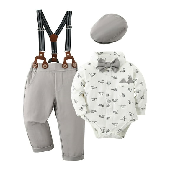 Baby Boy Clothes Formal Suits Newborn Dinosaur Print Romper Shirts Suspender Pants Hat Bowtie 4pcs