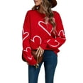 thumbnail image 3 of Women Heart Print Sweaters Long Sleeve Crewneck Oversized Pullover Sweater Cute Love Pattern Knitted Jumper Tops Red XL, 3 of 9
