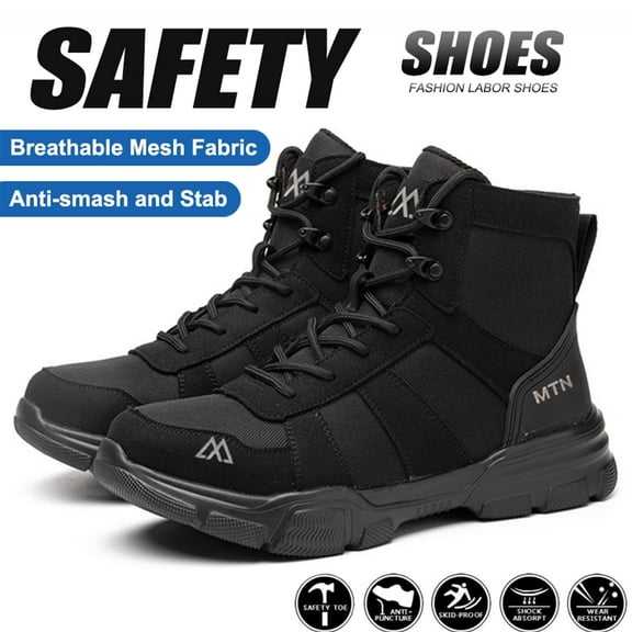 XQJ Men's Steel Toe Work Boots, Comfortable Lightweight Industrial Construction Shoes, Durable High Top Safety Boots - Black - Size 5