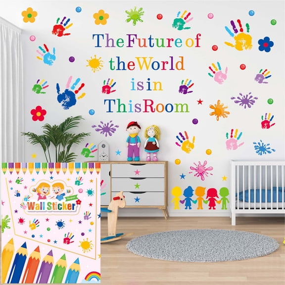 Colorful Kids Room Wall Decals, 86 Pieces, 7 Sheets with Handprints, Rainbows, Stars, Decorative Kids Bedroom Classroom Living Room Nursery