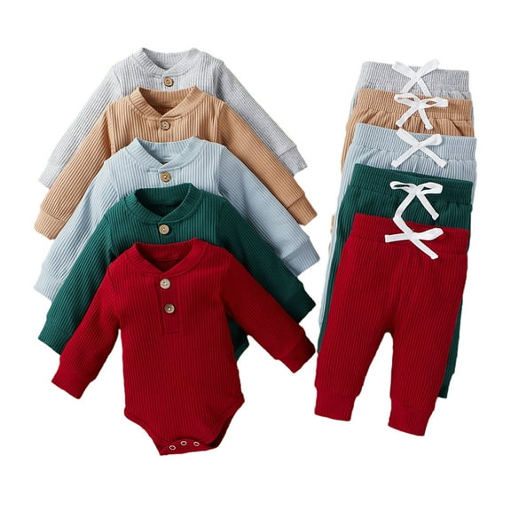 Ajziojiro 2PCS Baby Infant Boys Girls Clothes Jumpsuit Outfits Fall Winter Long Sleeve Cotton Romper Drawstring Pants Unisex Newborn Loungewear Set 0-24M