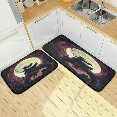 

Wobogo Witches and Black Dragon Kitchen Carpet Set of 2 Absorbent and Stain Resistant Non-slip Star Rubber Backing