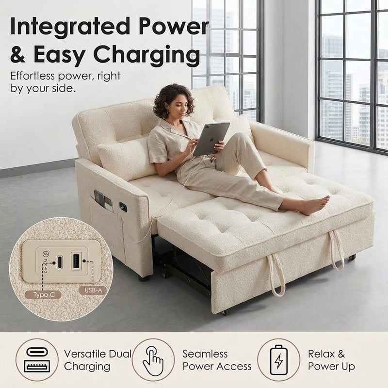 3-in-1 Convertible Sofa Bed with USB Charging Ports, Pull-Out Sleeper Sofa with Adjustable Backrest and Side Pocket, Compact Loveseat Couch for Living Room, Apartment, Dorm