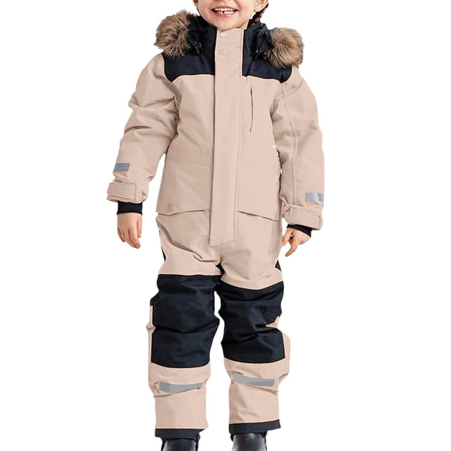 RXMEKW Insulated Snowsuit For Kids With Hood And Zipper Closure For Winter Outdoor Activities In Brown