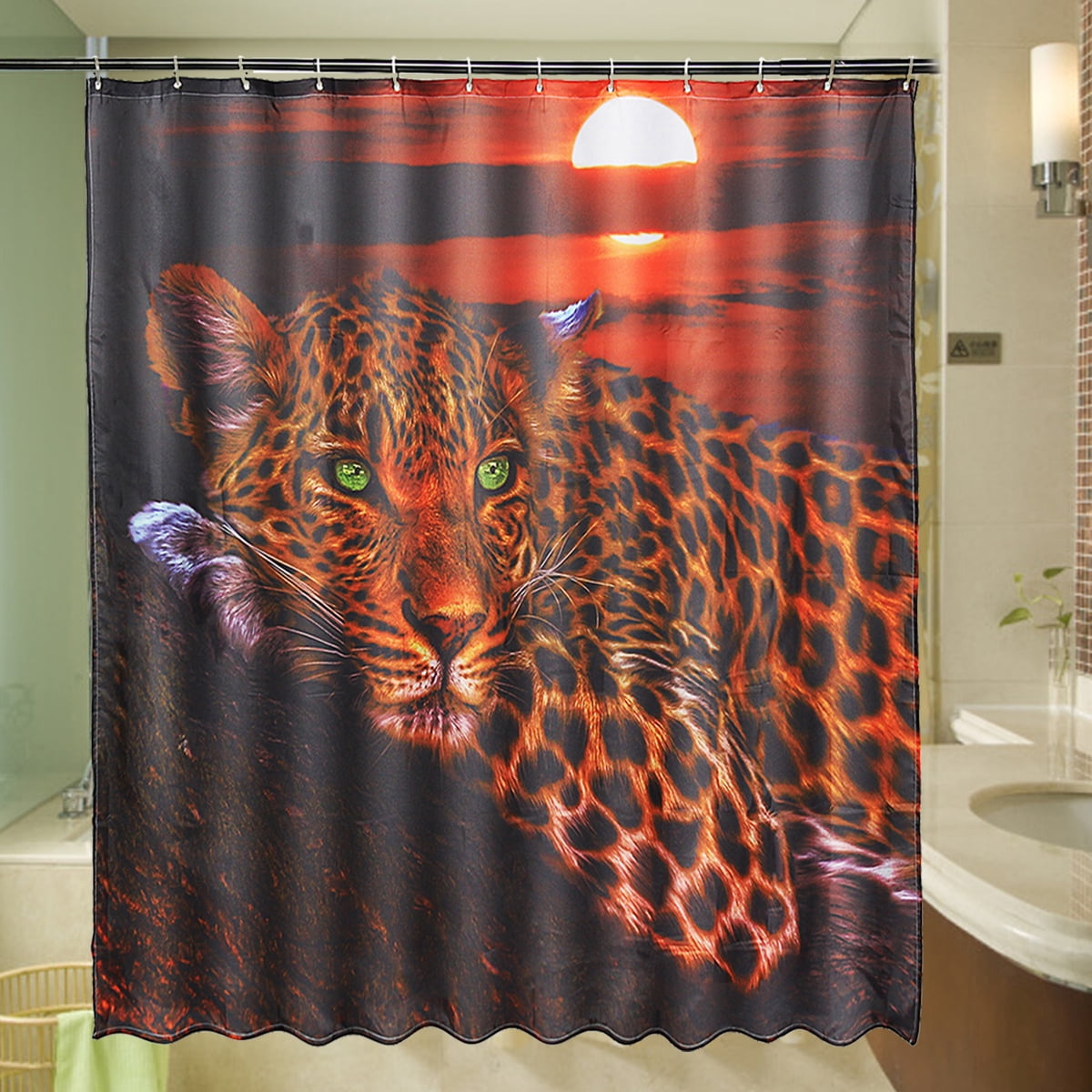 Patgoal 4PCS Shower Curtain Set,Lion/Tiger/Leopard Bathroom Curtain Shower Sets with Rugs for Men/Women Shower Stall Curtain for Bathroom Accessory Set Toilet Seat Set Sunset/Gold/Black