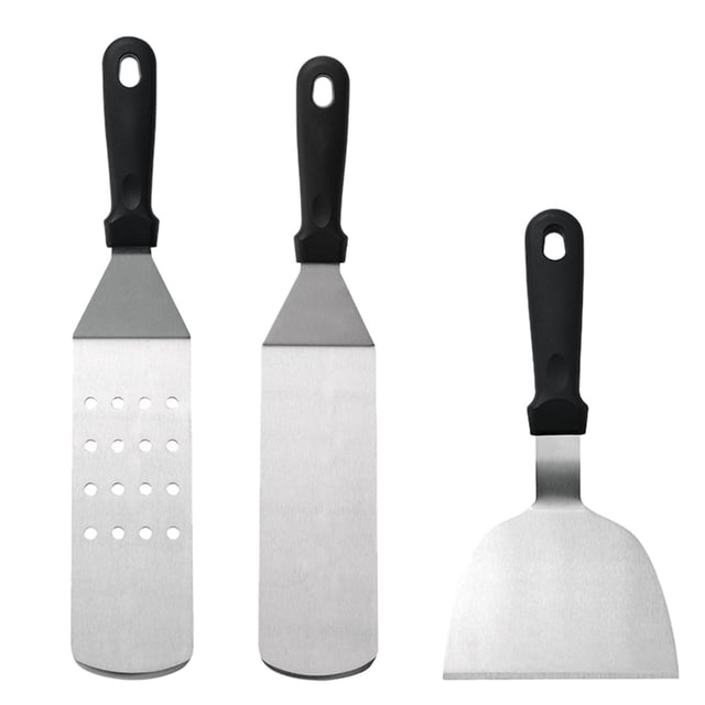 3 espátulas de acero inoxidable para barbacoa y pizza (negras)