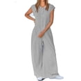 thumbnail image 2 of Women's Short Sleeve Wide Leg Striped Bodysuit Casual Round Neck Bodysuit Button Summer Suit, 2 of 8