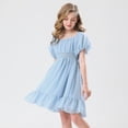 thumbnail image 4 of SILVERCELL Girls Summer Casual Dress Puff Sleeve Swiss Dot Layered Ruffle Hem Lace A-Line Swing Midi Dress 6-12 Years, 4 of 10