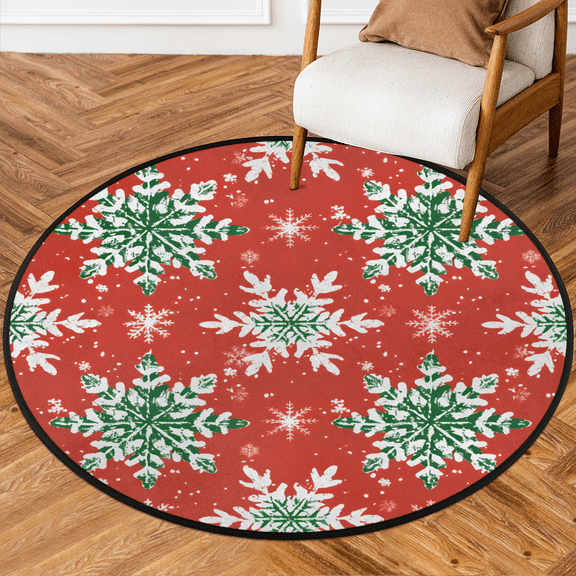 CURLYOOT Round Rug 3ft Christmas Area Rug, Washable Circle Mat Non Slip Floor Carpet Mat, Green Snowflake Soft Indoor Rugs for Entryway Living Room Dining Room Bedroom