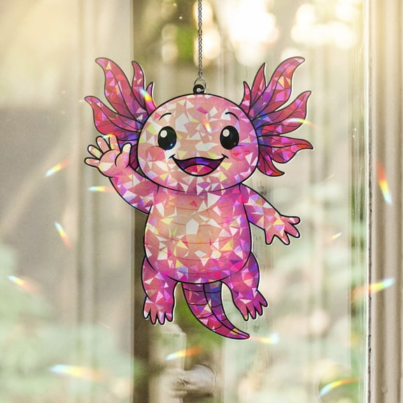 Lotusprinthandmade Axolotl Animal Custom Shape Broken Glass Hologram Ornament 3.5in, Axolotl Animal Window Decoration, Axolotl Themed Hologram Hanging