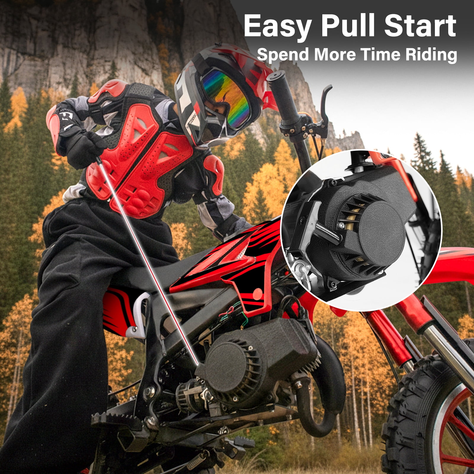 Kids Dirt Bike 49cc Gas Powered - 2-Stroke Off-Road Motorcycle for Ages 13+, 28 MPH Max Speed with Shock Absorber & Dual Disc Brakes，Kill Switch, Max Load 220LBS, with Armor, Black