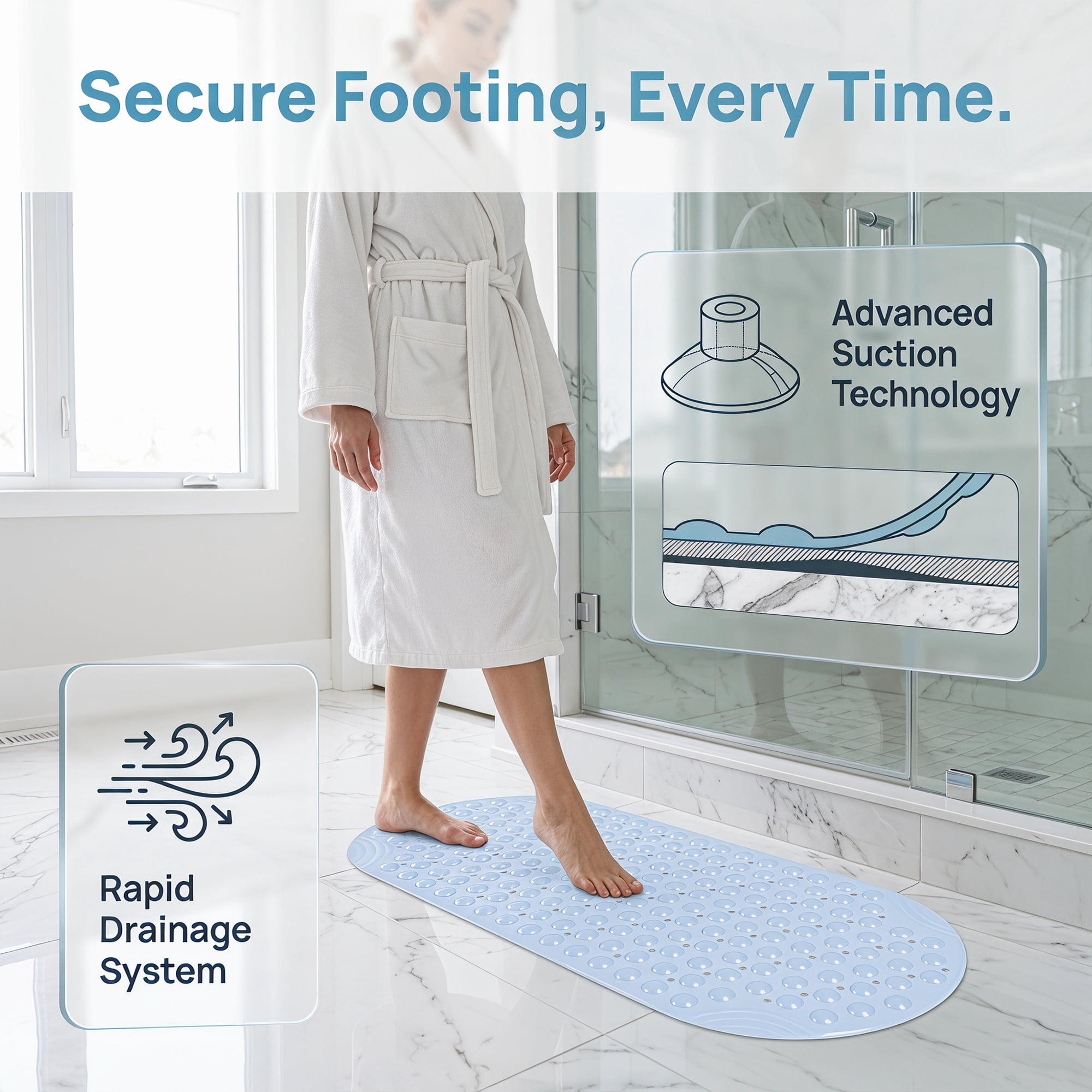 Unique Bargains Bathtub Mat Non-Slip Strong Suction Cups with Drain Holes White 35" x 16"