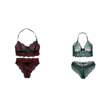 Lojoutye 2 Pack(Red 1PCS & Green 1PCS) Multipack Women Sheer Floral Lace Pajamas Set High Waist Sleepwear Bra and Panty 2 Piece Nightwear Panties Xxl