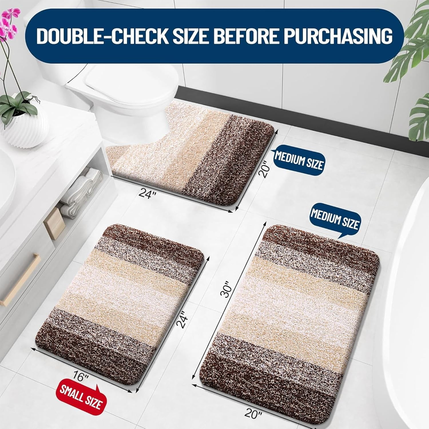 Bathroom Rugs Sets 3 Piece, Soft Absorbent Microfiber Bath Mats and U-Shaped Contour Toilet Rug, Machine Wash Dry, Plush Shaggy Bath Mat Set for Bathroom