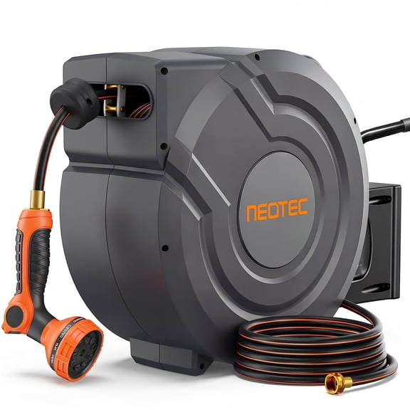 Retractable Garden Hose Reel 150 ft x 1/2 inch 9 Sprayer Nozzle Automatic Slow Return Any Length Lock Heavy Duty Wall-Mounted Hose Reels for Outside 180° Swivel UV Resistant