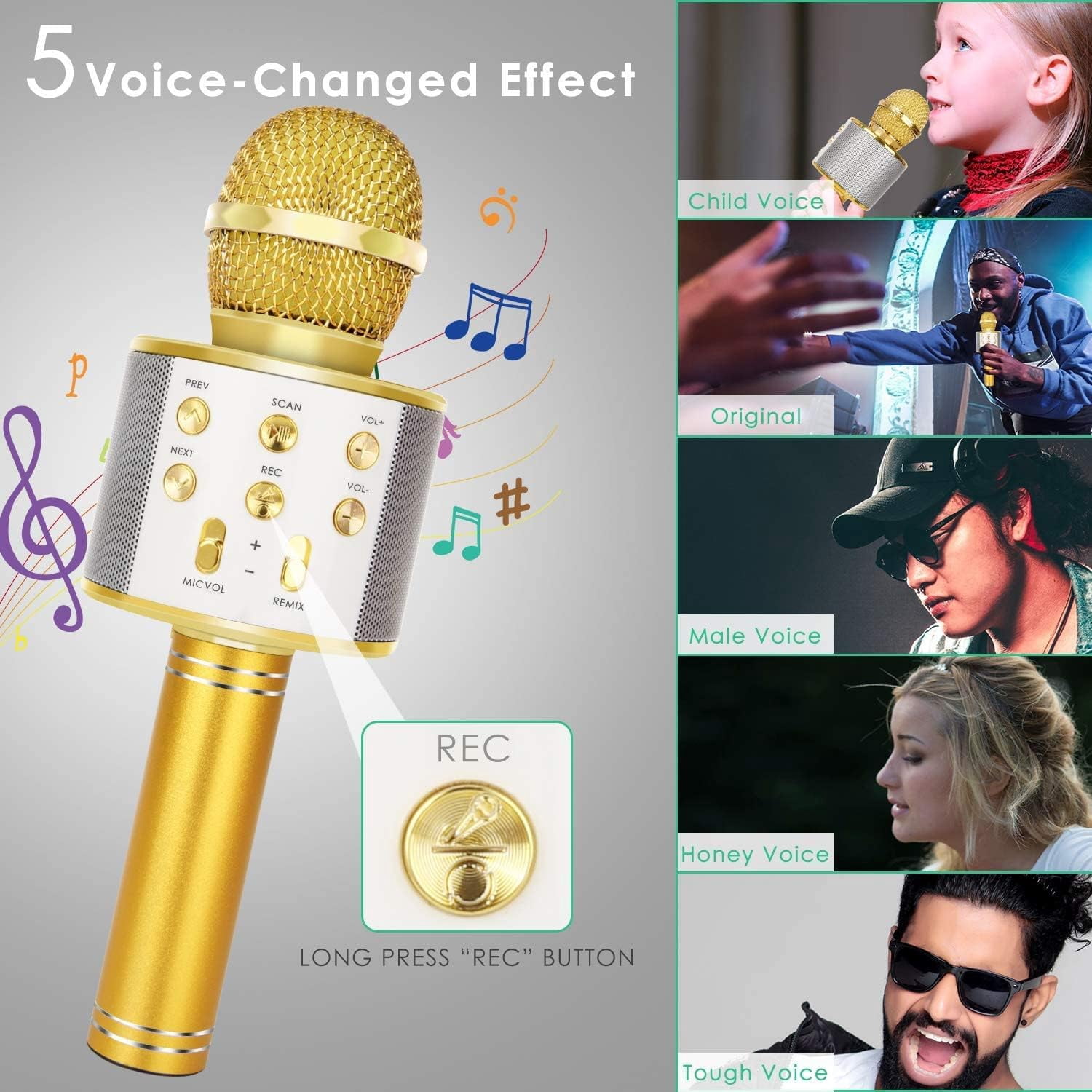 Wireless Bluetooth Karaoke Microphone for Kids, 5-in-1 Portable Handheld Karaoke Mic Speaker Player Recorder with Adjustable Remix FM Radio for Kids Girls Boys Teens Birthday