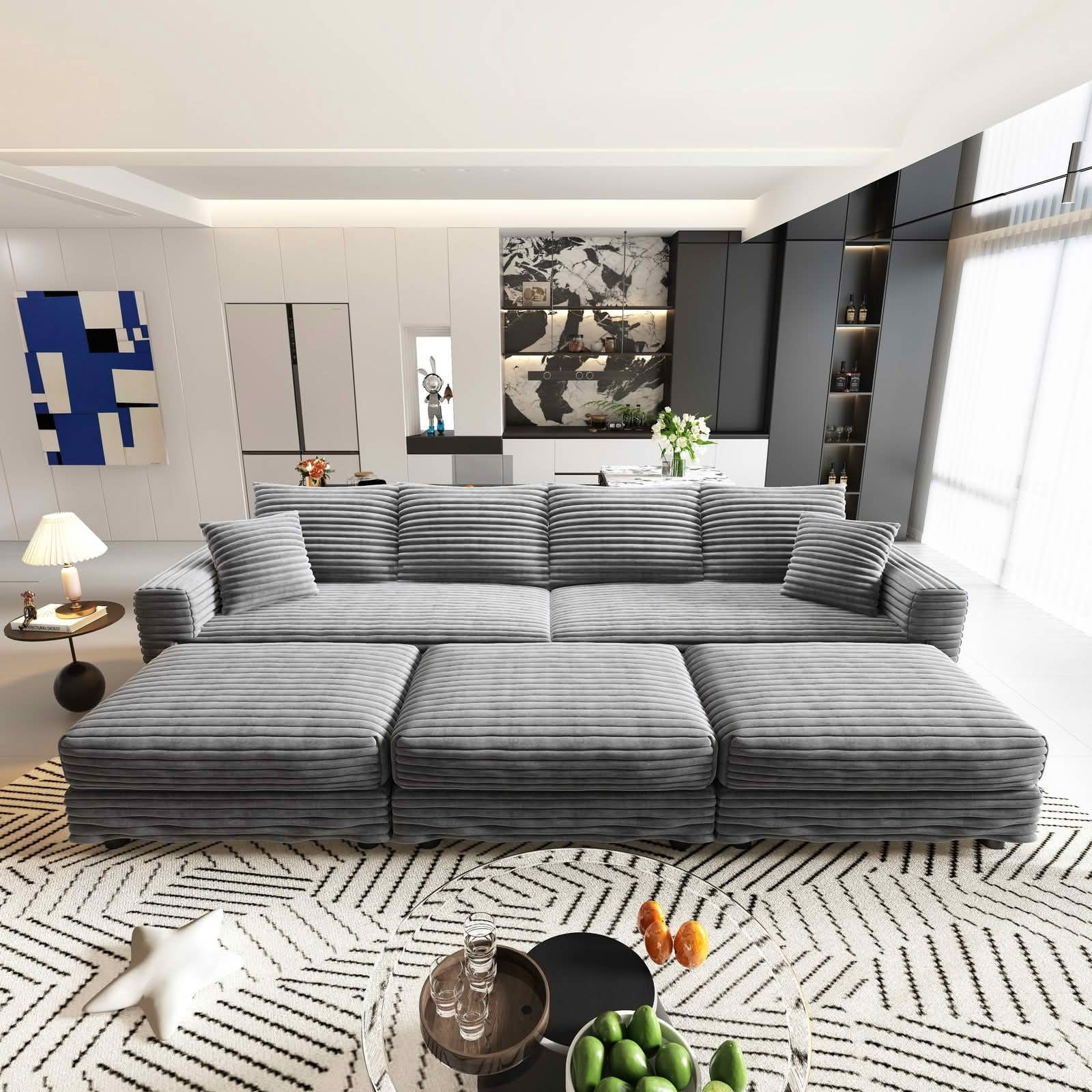 MAYEERTY 102.4" Plush Corduroy 4‑Seat Cloud Sofa with 3 Movable Ottomans, Convertible Deep Seat Lounge Couch for Apartment